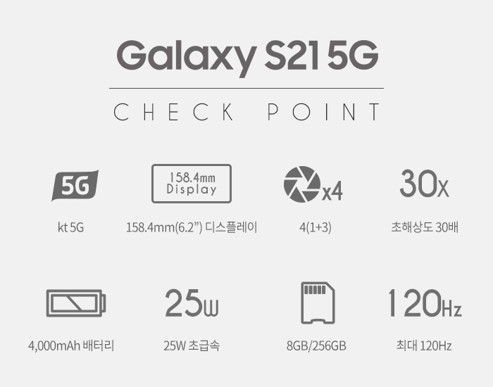 Galaxy S21 5G CHECK POINT | kt 5G, 158.4mm(6.2)디스플레이, 4(1+3), 초해상도 30배, 4000mAh 배터리, 25W 초급속, 8GB/25GB, 최대 120Hz