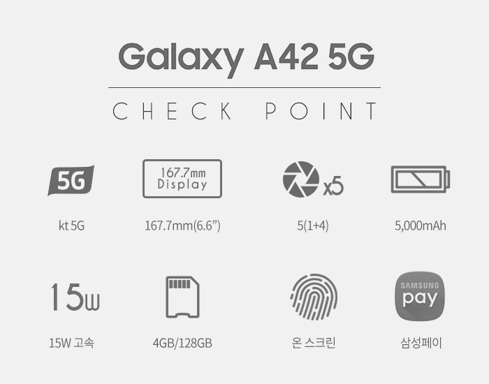 Galaxy A42 5G Check Point : KT 5G/167.74mm(6.2인치) 디스플레이/5(1+4)/5000mAh 배터리/15W 초급속/ 4GB/128GB / 온 스크린 / 삼성페이