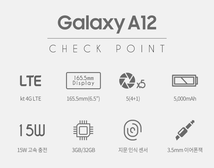 Galaxy A12 Check Point : KT 4G LTE/165.5mm(6.5인치) 디스플레이/5(4+1)/5000mAh 배터리/15W 고속 충전/ 3GB/32GB / 지문 인식 센서 / 3.5mm 이어폰 잭